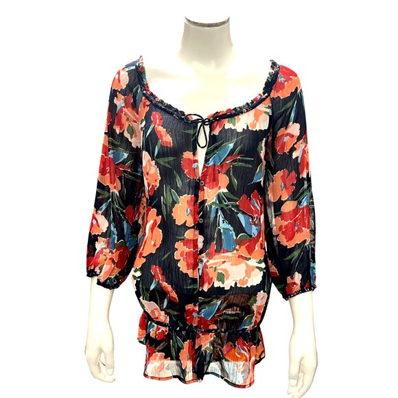 Abercrombie Fitch Large Floral Peasant Sheer Boho Blouse Ruffle Hem Tie Neck - Picture 2 of 11